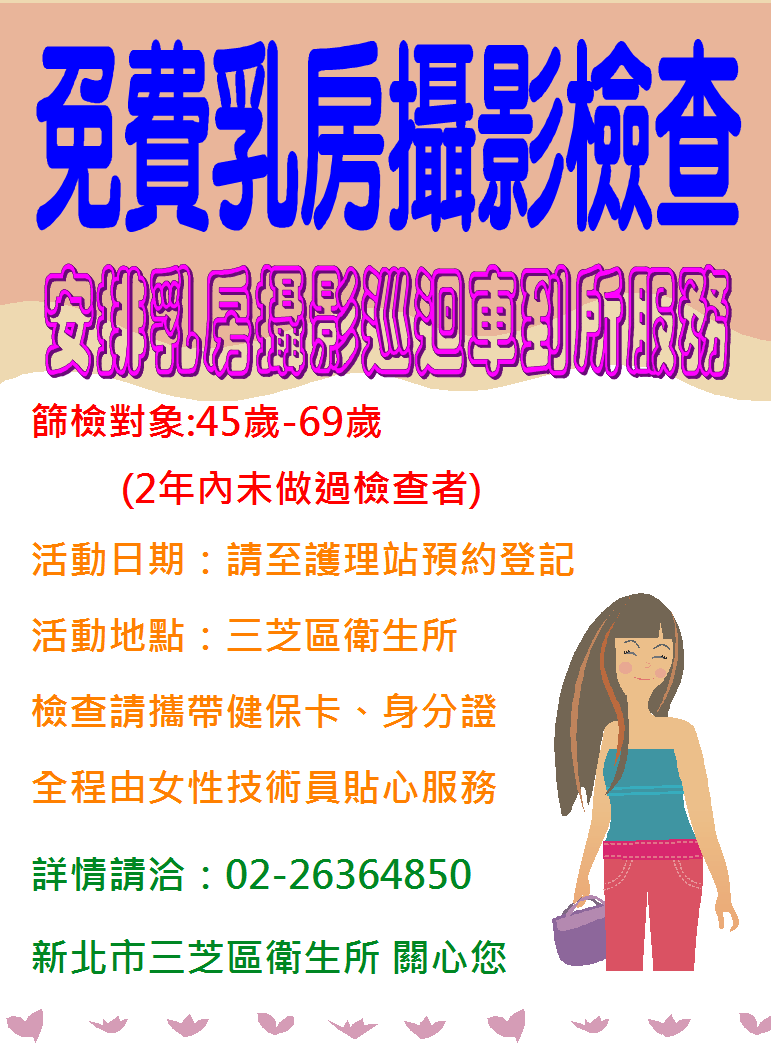 免費乳房攝影檢查，安排乳房攝影巡迴車到所服務 詳情電洽02-26362007